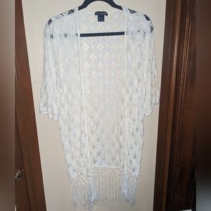 Cream White See You Monday Lattice Cut Fringe Short Sleeve Kimono Size Medium